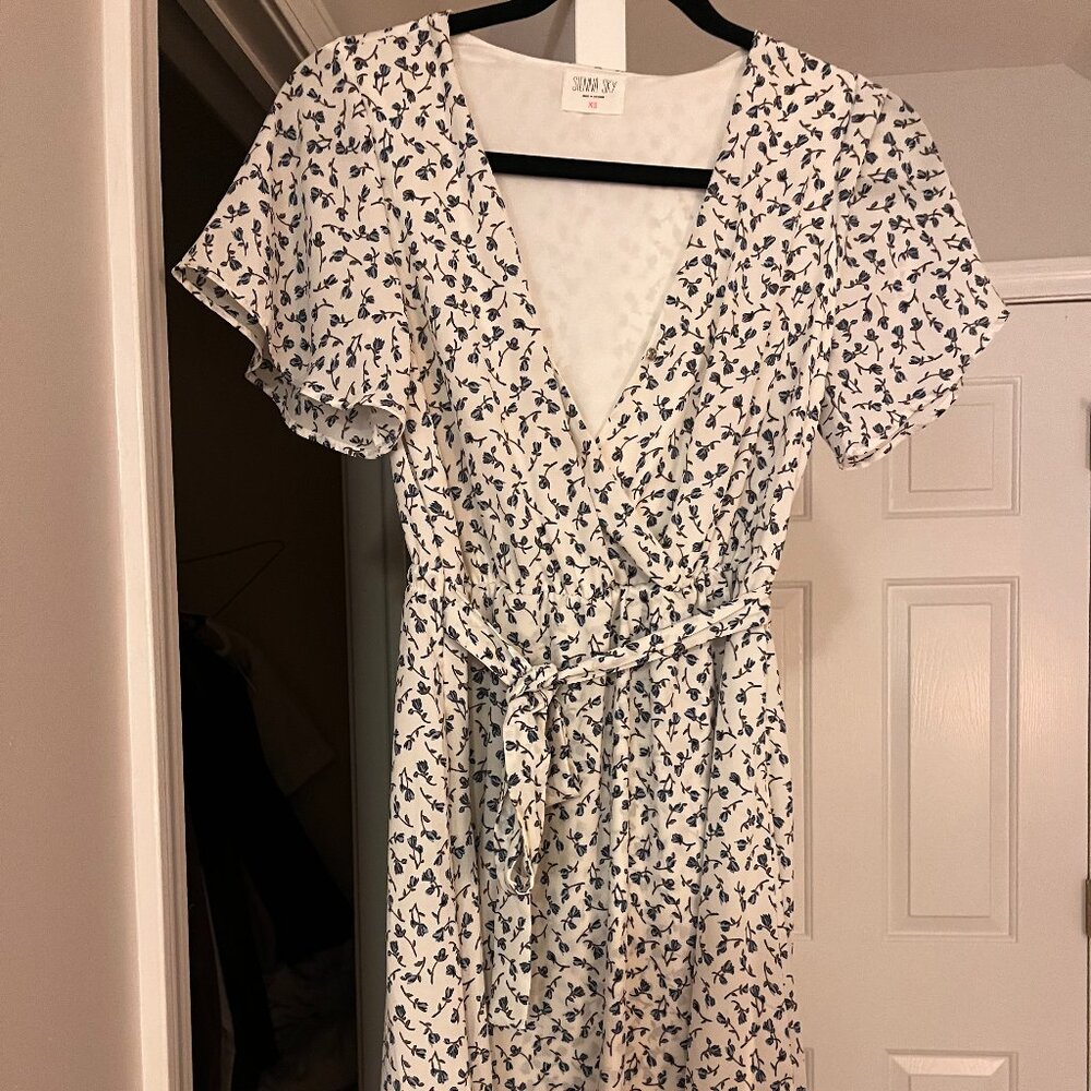 White Sundress with Blue Floral & Front Tie